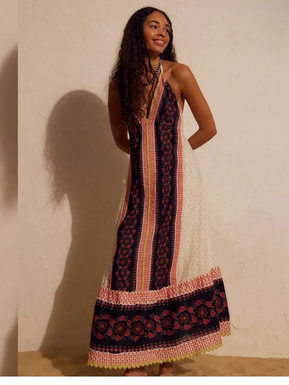 Free People Cubana Halter Maxi Dress Border Print Chiffon Ivory Combo M NWT Boho